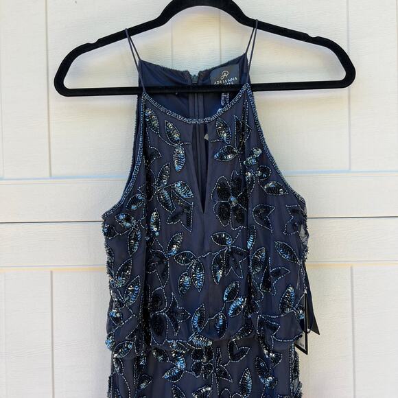 NWT Adrianna Papell Navy Twilight Floral Beaded Halter Floor Length Dress Sz 10 - Picture 3 of 13